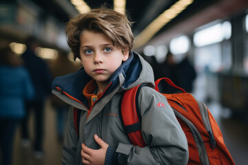 a teenage boy who ran away from home with a backpack stands scared at the railway station,