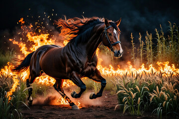 A horse runs away from a big fire. - obrazy, fototapety, plakaty