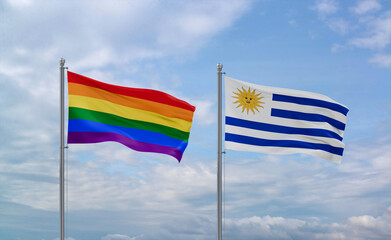 Uruguay and LGBT movement flags, country relationship concept