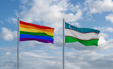 Uzbekistan and LGBT movement flags, country relationship concept
