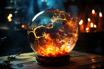 Magic crystal ball for fortune telling with flame and smoke on a dark background - obrazy, fototapety, plakaty
