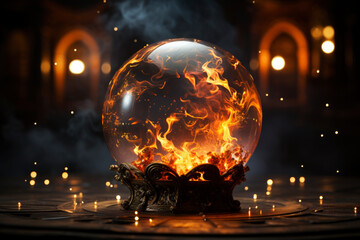 Magic crystal ball for fortune telling with flame and smoke on a dark background - obrazy, fototapety, plakaty