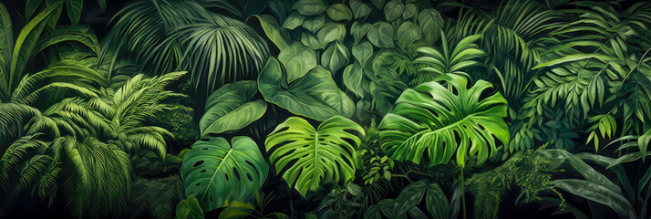 Grüne, exotische Pflanzen mit grossen Blättern im Regenwald. Generiert mit KI - obrazy, fototapety, plakaty