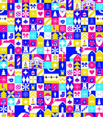 Obraz na płótnie Canvas Graphic Christmas seamless pattern. Holidays 2024 postcard. Square Line icons