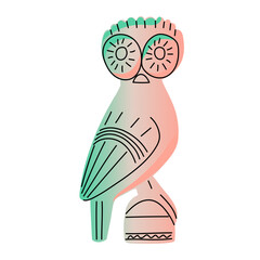 Greek antique sculpture of an owl. The bird is isolated. Owl of Athena. Greek mythology. Vector illustration. Element with color gradient and outline. Hand drawn.