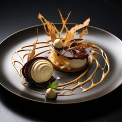 Fototapeta premium Gourmet chocolate dessert plating, artistic pastry design with caramel spirals on elegant dark plate.