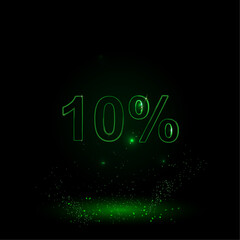 A large green outline 10 percent symbol on the center. Green Neon style. Neon color with shiny stars. Vector illustration on black background