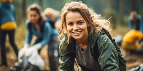 Fototapeta premium Eco-Friendly Efforts: Youth Team Sorting Waste in Outdoor Cleanup Project