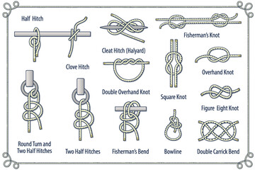 Poster Set of rope knots, hitches, bends  on a dark blue background. Decorative vector design - obrazy, fototapety, plakaty