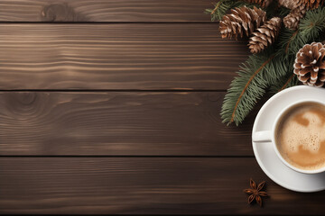 cozy winter or autumn composition with a blanket and a cup of coffee on a wooden background . copy...