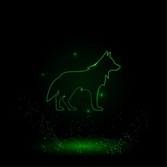 A large green outline wolf symbol on the center. Green Neon style. Neon color with shiny stars. Vector illustration on black background