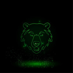 A large green outline bear head symbol on the center. Green Neon style. Neon color with shiny stars. Vector illustration on black background
