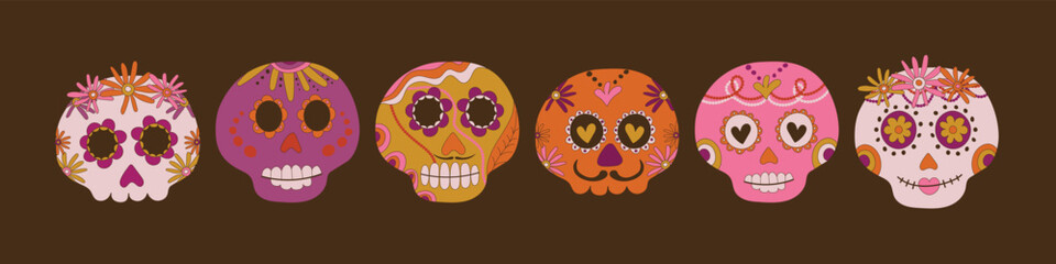 Sugar skulls decorated by design elements and colorful floral ornament. Mexican national holiday Day of the dead. Festive banner templates for Dia de los muertos. Vector illustration