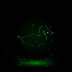 A large green outline duck symbol on the center. Green Neon style. Neon color with shiny stars. Vector illustration on black background
