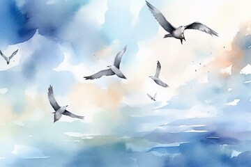 Watercolor painting of birds soaring in the clear sky. Generative AI - obrazy, fototapety, plakaty