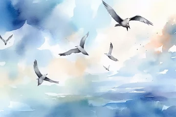 Fotobehang Watercolor painting of birds soaring in the clear sky. Generative AI © Osiris