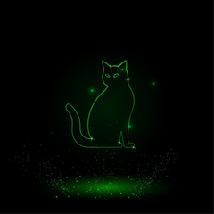 A large green outline cat icon on the center. Green Neon style. Neon color with shiny stars. Vector illustration on black background