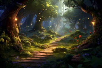 Fototapeta na wymiar Fantasy forest with digital artwork and realistic cartoon scene. Concept illustration of a game environment. Generative AI