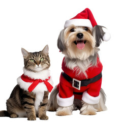happy dog and cat isolated on transparent background wearing a christmas hat