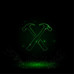 A large green outline crossed hammers symbol on the center. Green Neon style. Neon color with shiny stars. Vector illustration on black background