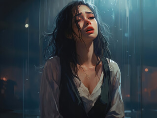 Beautiful sad crying young woman, illustration generative AI