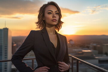 Fototapeta premium Confident Young Businesswoman on Office Balcony at Dusk. Generative Ai.