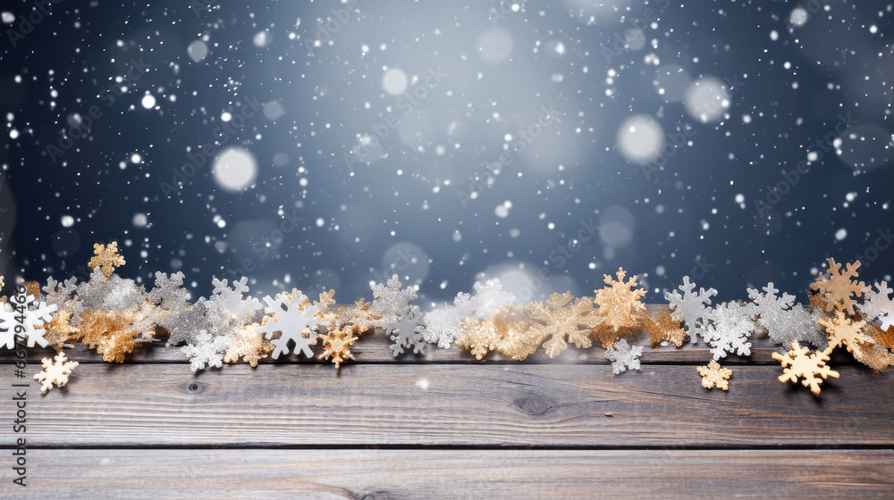 Poster christmas background with wooden table and snowy fir tree branches. copy space.