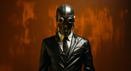 Gothic Steampunk Horror Minimalist Halloween Concept Portrait of a Frightening Man in Black Suit and Mask Against Brown Background