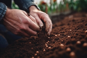 Hand planting pumpkin seed in vegetable garden, close-up. Generative Ai.