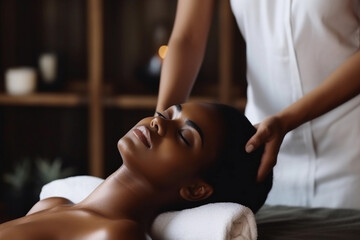African American Woman receiving a therapeutic massage. Generative Ai.