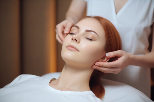 Therapist Performing Head Massage on Woman in Spa Salon. Generative Ai.
