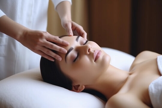 Attractive Woman Enjoying a Relaxing Massage at Spa. Generative Ai.