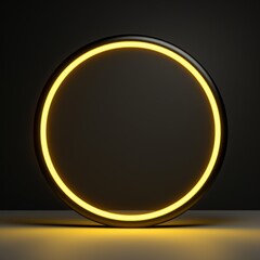 Yellow LED Minimalistic Round Picture Frame. Minimalistic Ring with Realistic Texture. Square Digital Illustration. Ai Generated Empty Circle on Black Background.