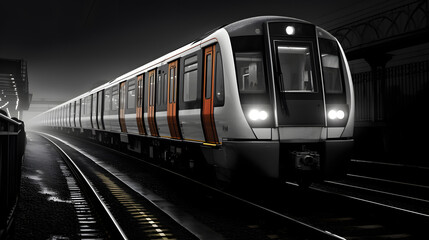 Naklejka premium Monochrome Night at the Train Station with Modern Train.