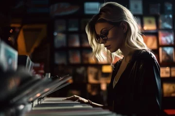 Fotobehang Attractive Young Woman Browsing in Vinyl Record Store. Generative Ai. © MAXSHOT_PL