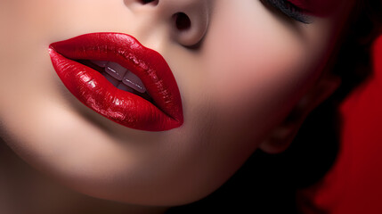 Fototapeta premium Lustrous Red Lips Closeup with Subtle Skin Texture