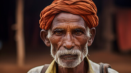 Close-up Portrait of an Elderly Man with a Vibrant Orange Turban