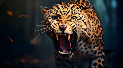 Intense Close-Up of Roaring Leopard with Vibrant Eyes and Detailed Whiskers