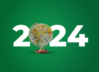 Happy new year 2024 education concept. 3d illustration of open book with alphabet letters and...