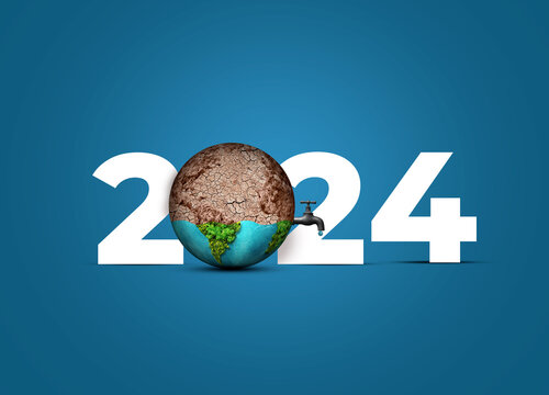 New Year 2024 with water tap concept. save our planet and earth environment. World water day 2024. Earth day 2024 3d concept.