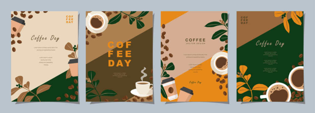 Set of sketch banners with coffee beans and leaves on colorful background for poster, menu, cafe or another template design. Coffee Day. vector illustration.
