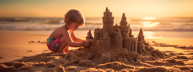 A child sculpts a castle on the seashore. Generative AI,