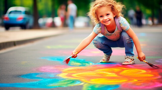 A child draws with chalk on the asphalt. Generative AI,