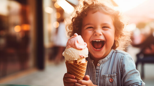 Child eating an ice cream cone. Generative AI,