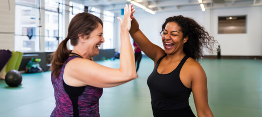 Two diverse women joyfully high-five in a dance studio, celebrating success and friendship, fitness and camaraderie in a modern gym.