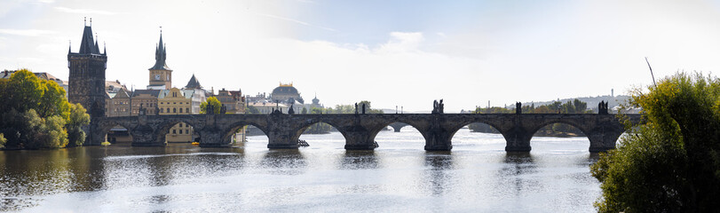 Panorama of Charles bridge in Prague Czech Republic mid day old town no people