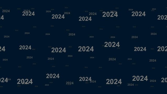 2024 year symbols float horizontally from left to right. Parallax fly effect. Floating symbols are located randomly. Seamless looped 4k animation on dark blue background