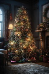 Christmas tree, illuminated and decorated inside the house. Generative AI.