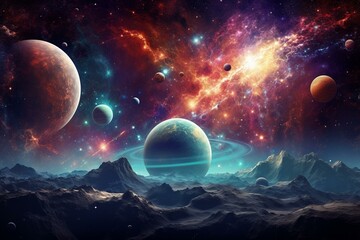 Stunning universe scenery with vividly colored planets and dazzling constellations. Generative AI