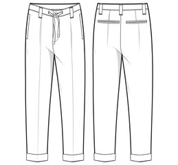 Men's Casual chino trouser pant front and back view flat sketch fashion illustration cad drawing, slim fit pants with drawcord waist pants vector template - obrazy, fototapety, plakaty